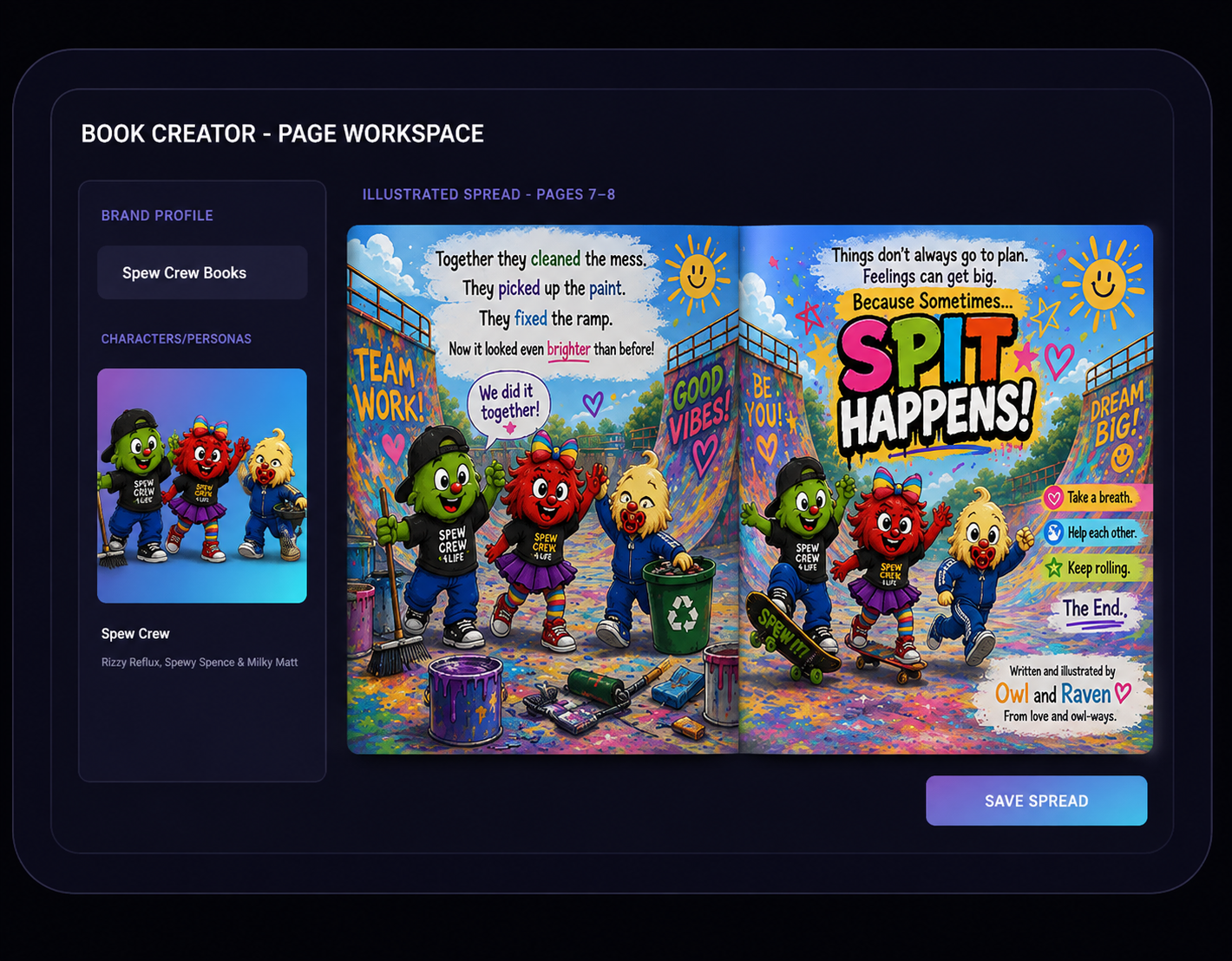 Book Creator workspace with a Spew Crew brand profile, character reference and illustrated two-page spread